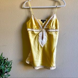 bebe  Silk Yellow and White Sequin Drawstring Camisole Top